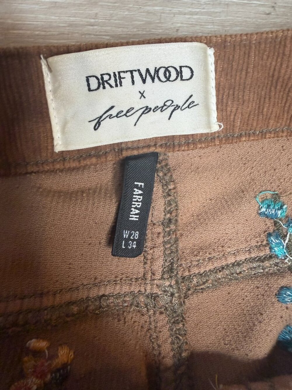Driftwood x Free People Farrah Floral Embroidered Corduroy Flare Pants 28 - Picture 5 of 8